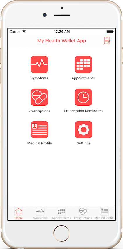 Image of iPhone 6 s with My Health Wallet App Home Screen Displayed.