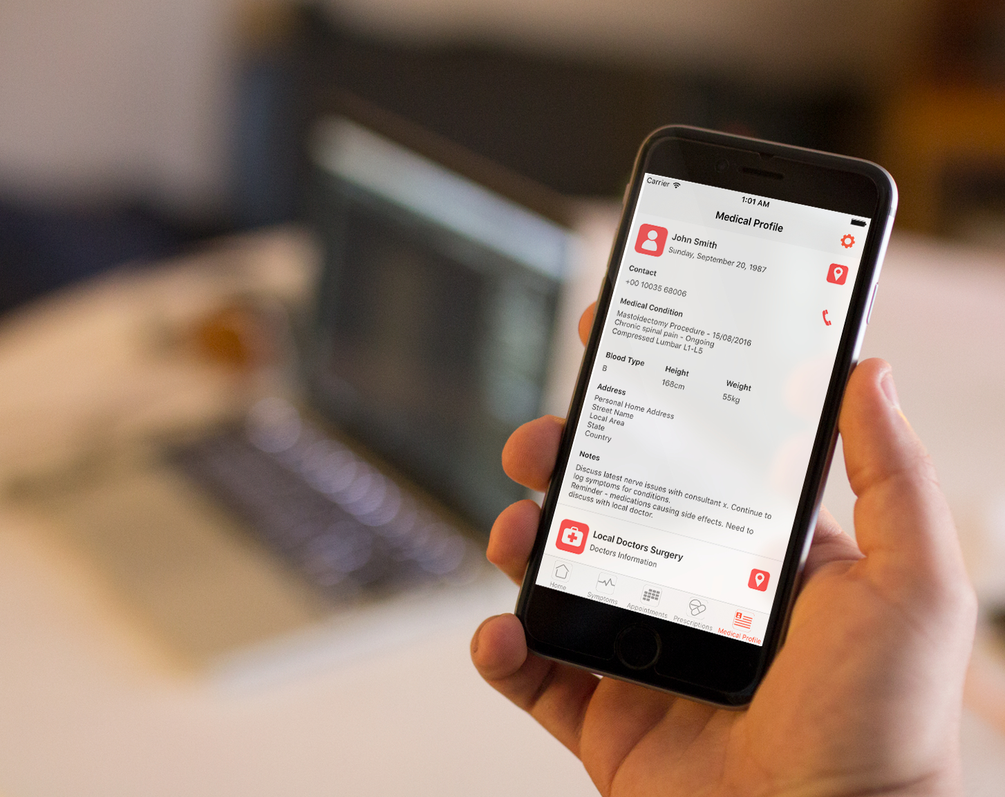 Person is holding a i phone, displaying My Health Wallet App Personal Profile Screen
